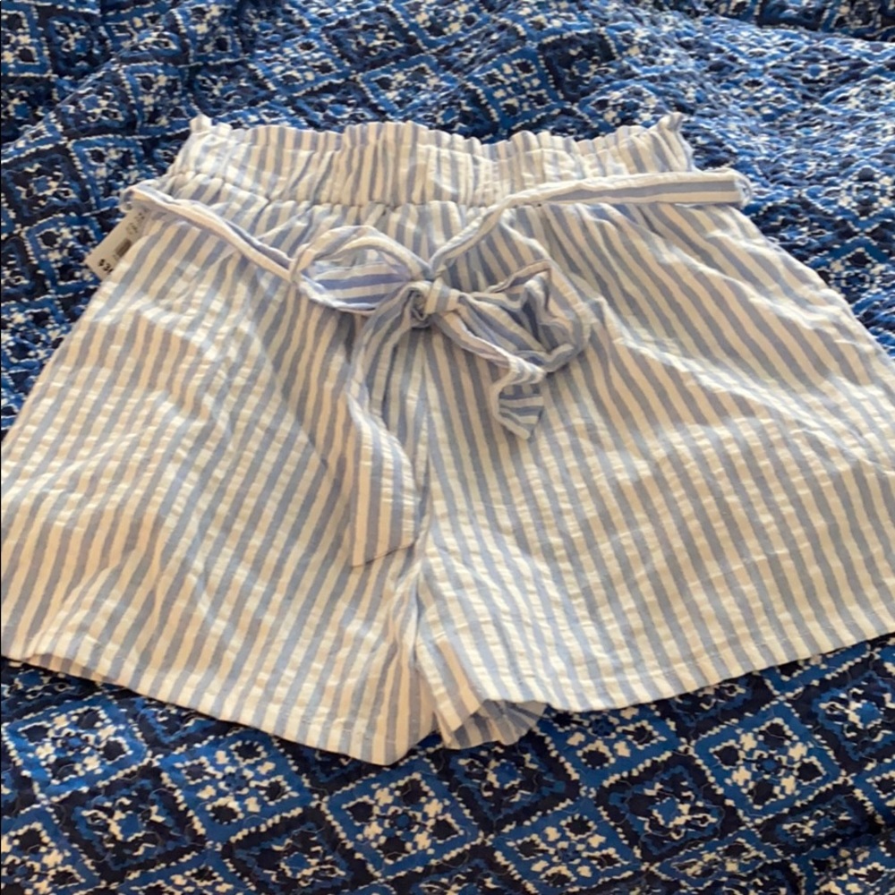 Blue and white striped paper bag shorts!